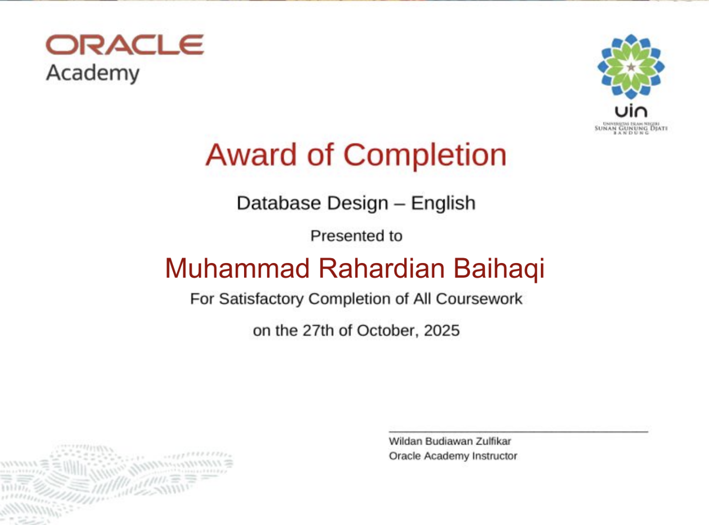 Database Design certificate