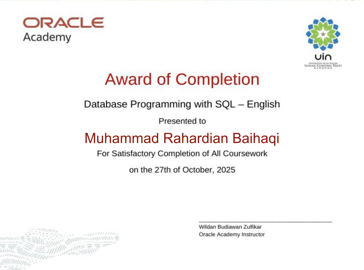 Database Programming with SQL certificate