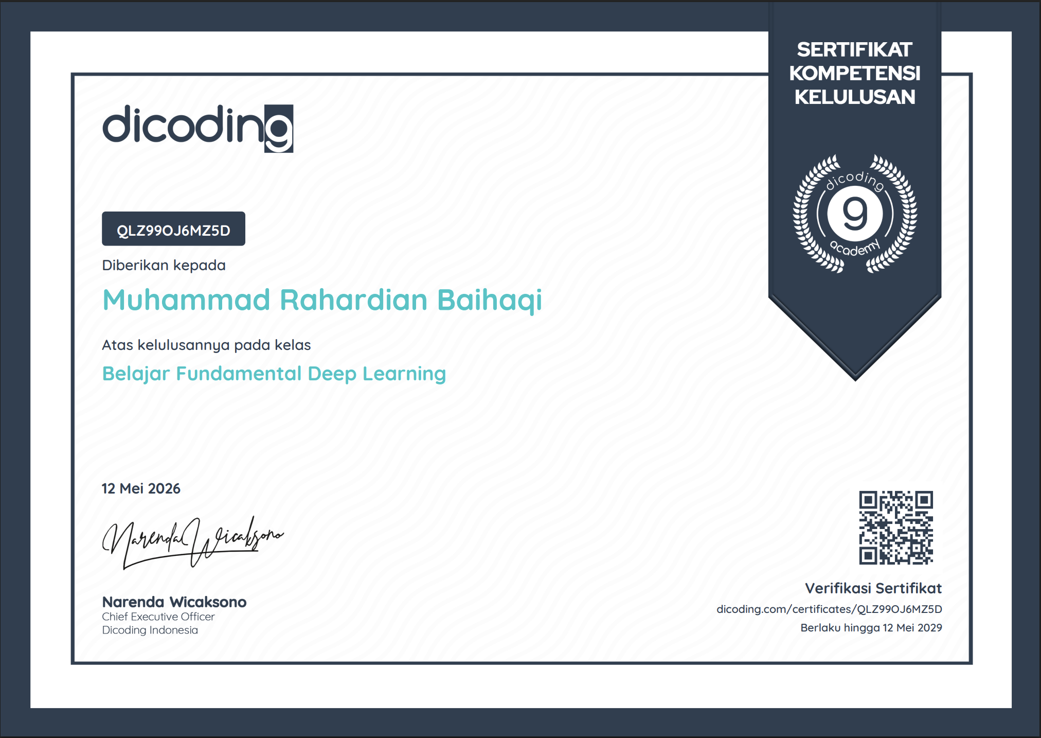 Belajar Fundamental Deep Learning certificate