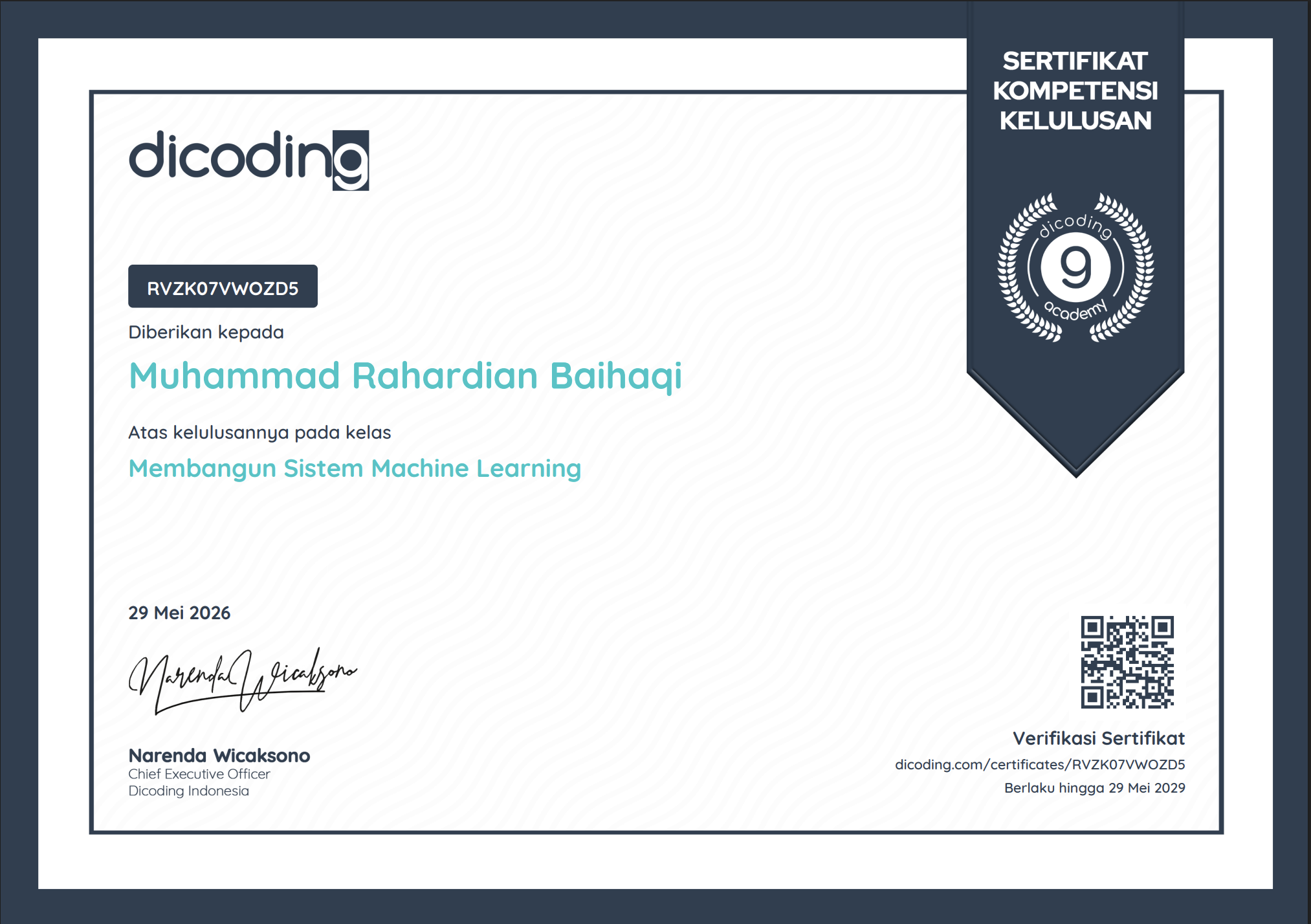 Membangun Sistem Machine Learning certificate